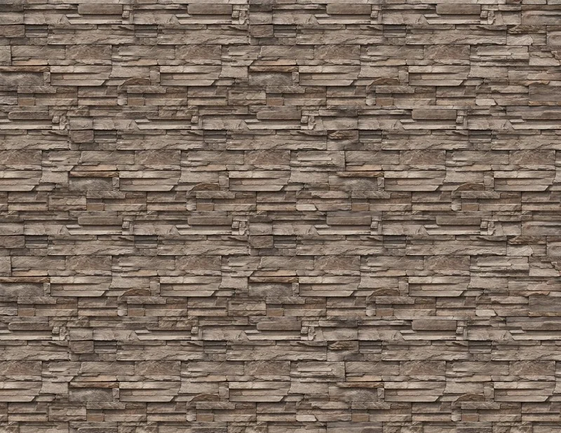 Toprak ve vizon tonlarında, ince katmanlı kayrak taşı dizilimli, 3D gölge etkili modern patlatma taş duvar kağıdı.