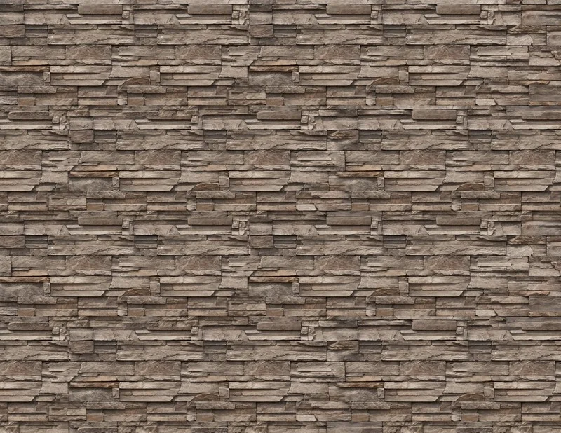 Toprak ve vizon tonlarında, ince katmanlı kayrak taşı dizilimli, 3D gölge etkili modern patlatma taş duvar kağıdı.