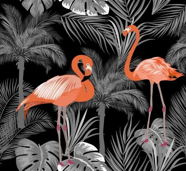 Siyah arka plan üzerinde gri palmiye yaprakları ve iki adet canlı mercan renkli flamingo figürü içeren modern duvar kağıdı tasarımı.