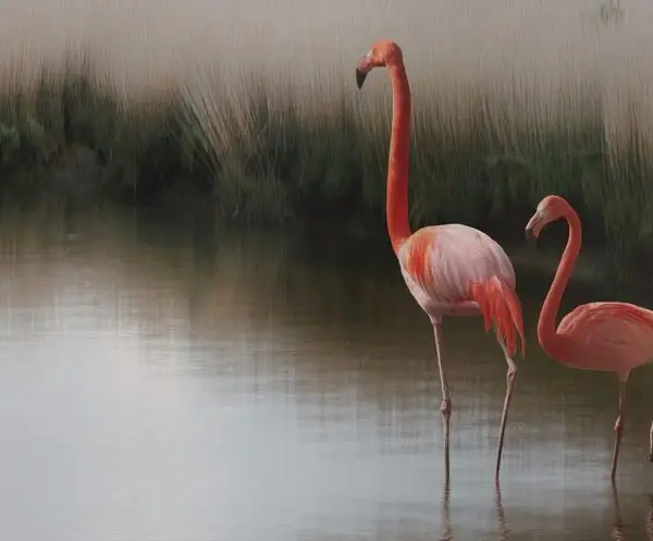 Göl kenarında süzülen iki adet zarif mercan renkli flamingo ve sisli doğa manzarasını içeren sanatsal duvar kağıdı tasarımı.