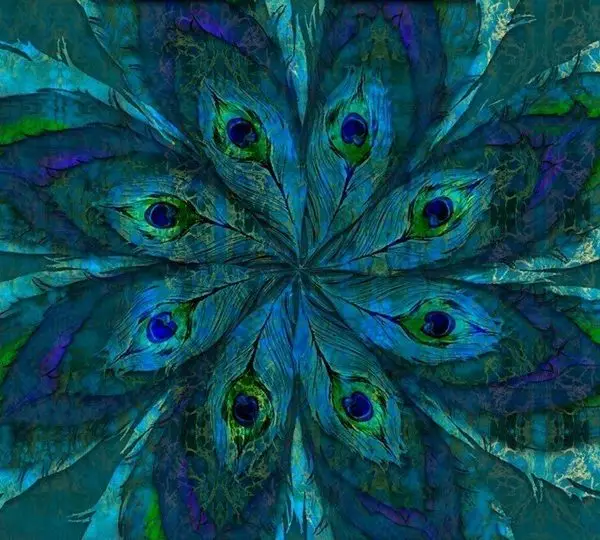 Turkuaz ve yeşil tonlarda dairesel dizilimli tavus kuşu tüyü figürlü dikişsiz duvar kağıdı.