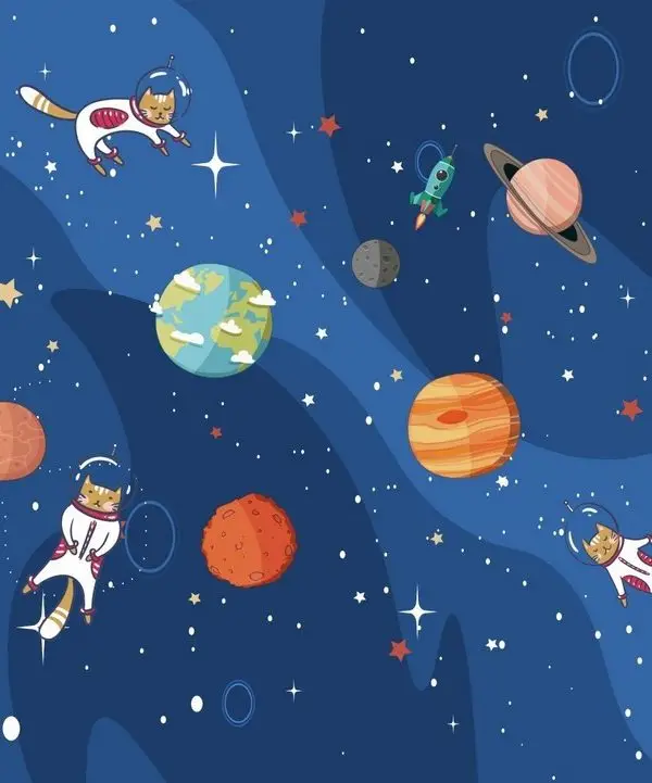 miyav galaksisi astronot kediler ve renkli gezegenler temali 3d duvar kagidi