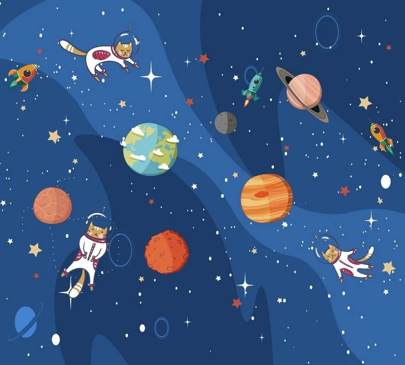 miyav galaksisi astronot kediler ve renkli gezegenler temali 3d duvar kagidi