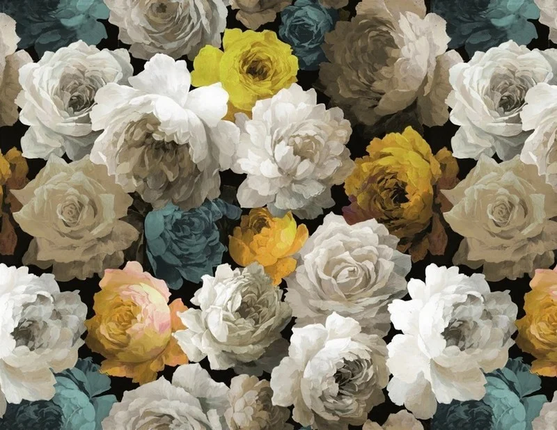 Trendyol siyah zeminli hardal sarısı ve petrol mavisi şakayık çiçekli duvar posteri bursa ve Hepsiburada klasik bahçe gülleri desenli dekoratif duvar kağıdı modelleri