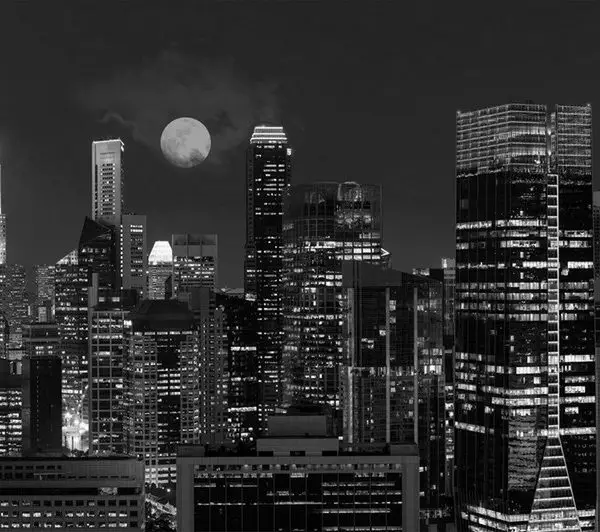 siyah beyaz gece sehri ve dolunay 3d duvar kagidi