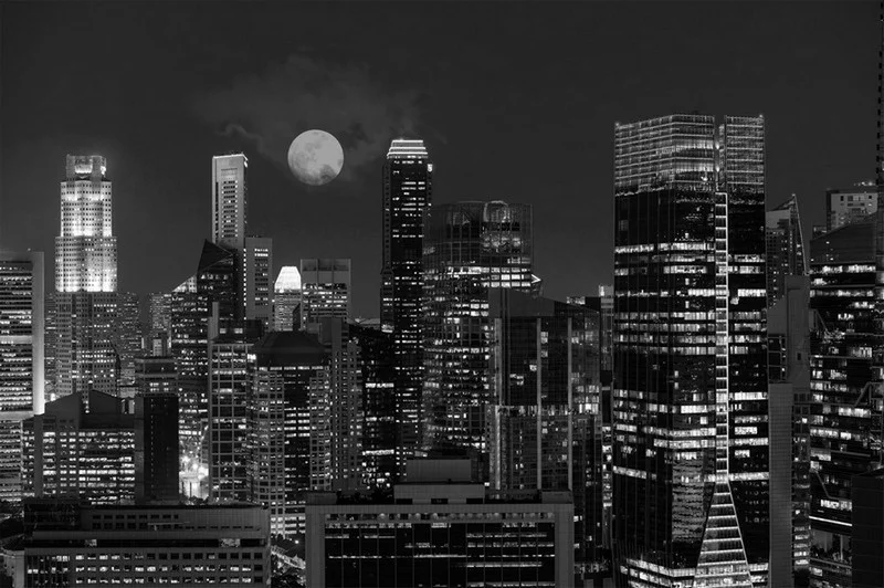 siyah beyaz gece sehri ve dolunay 3d duvar kagidi