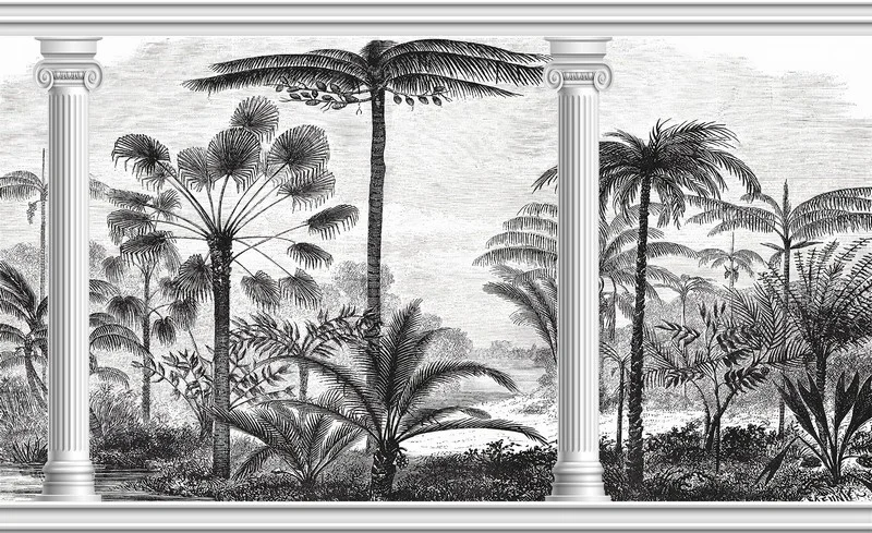 Trendyol siyah beyaz beyaz sütunlu palmiye ağacı desenli duvar posteri bursa ve Hepsiburada antik Roma temalı tropikal manzara duvar kağıdı modelleri bursa