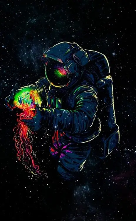 neon isikli kozmik denizanasi ve astronot temali 3d duvar kagidi