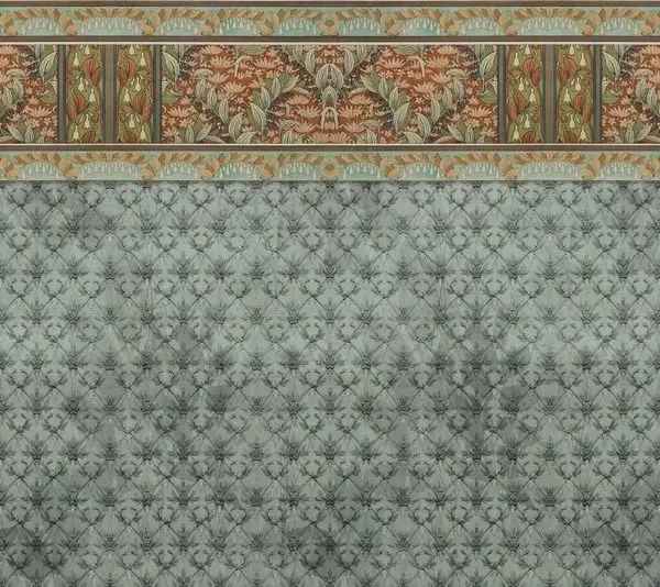 Üst Kısmı Çiçek Desenli Bordürlü Alt Kısmı Baklava Desenli Klasik Vintage Duvar Kağıdı