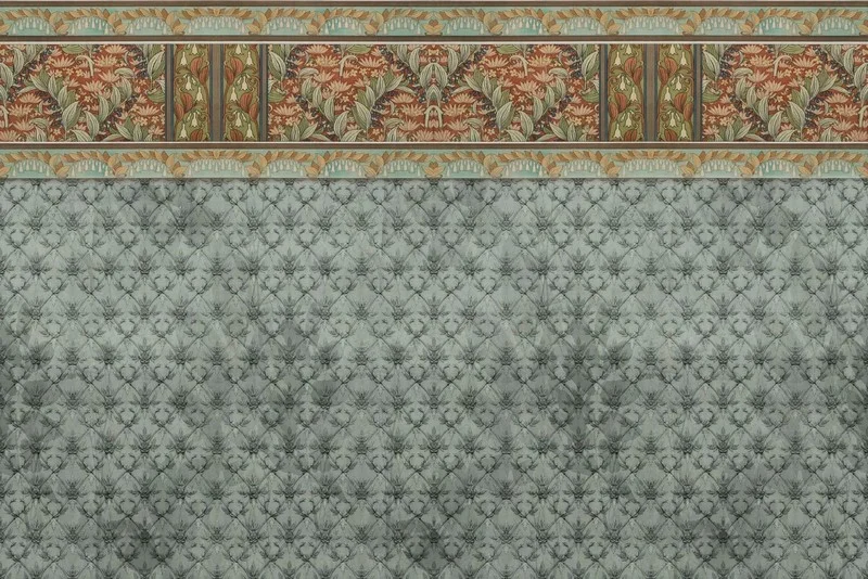 Üst Kısmı Çiçek Desenli Bordürlü Alt Kısmı Baklava Desenli Klasik Vintage Duvar Kağıdı