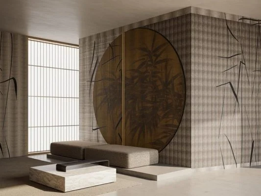 Trendyol kahve tonlarında bambu ve daire figürlü modern duvar posteri bursa ve Hepsiburada Uzak Doğu temalı Zen duvar kağıdı modelleri bursa