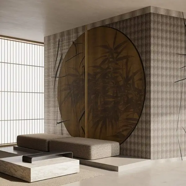 Trendyol kahve tonlarında bambu ve daire figürlü modern duvar posteri bursa ve Hepsiburada Uzak Doğu temalı Zen duvar kağıdı modelleri bursa