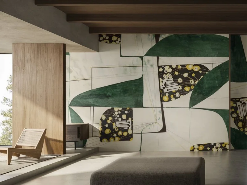 Zümrüt Yeşili Soyut Geometrik Formlar ve Sarı Çiçekli Grafik Desenli Modern Duvar Kağıdı