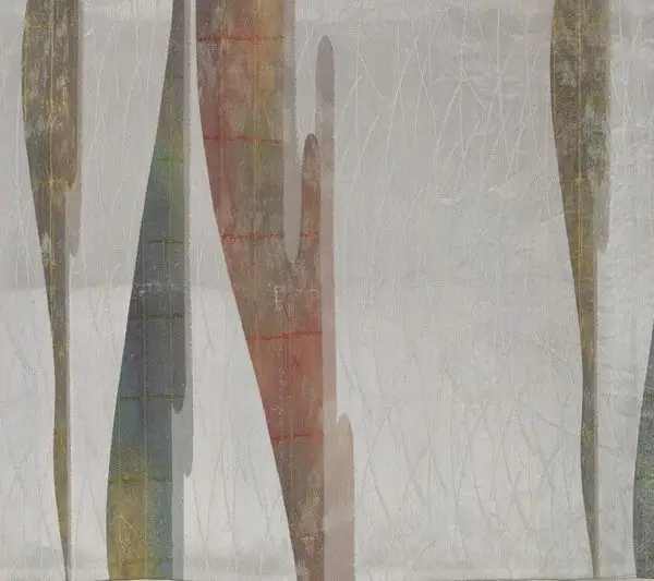 Gri ve Krem Zemin Üzerinde Kiremit Renkli Akışkan Soyut Formlu Modern Sanat Duvar Kağıdı