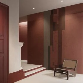 Kiremit Renkli Sanatsal Katmanlı ve İnce Çizgili Modern Tekstürlü Duvar Kağıdı