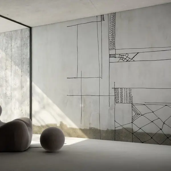 Ham Beton Zemin Üzerine Siyah Teknik Çizim ve Mimari Eskiz Detaylı Modern Duvar Kağıdı