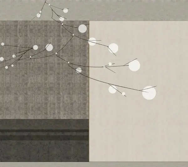 Antrasit Beton ve Bej Geçişli Zemin Üzerinde Minimalist Siyah Dallardan Sarkan Işık Küreleri Modern Duvar Kağıdı
