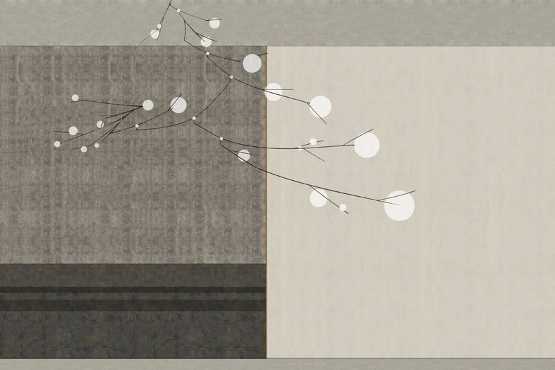 Antrasit Beton ve Bej Geçişli Zemin Üzerinde Minimalist Siyah Dallardan Sarkan Işık Küreleri Modern Duvar Kağıdı