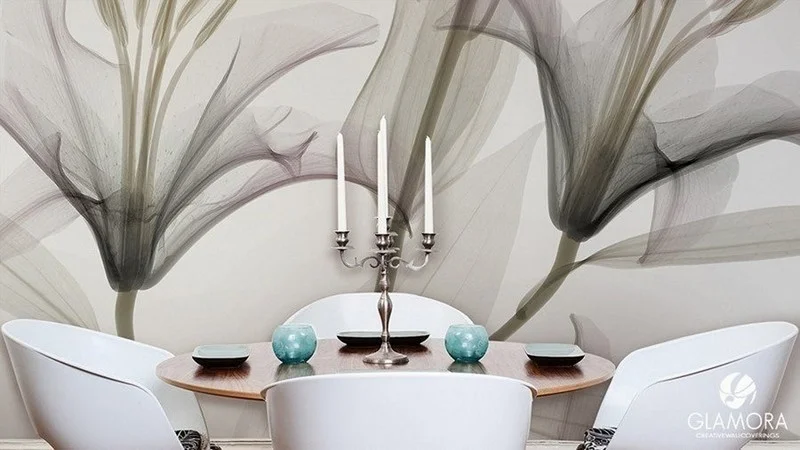 Trendyol modern illüzyon şeffaf zambak çiçekli duvar posteri bursa ve Hepsiburada minimalist füme botanik duvar kağıdı modelleri