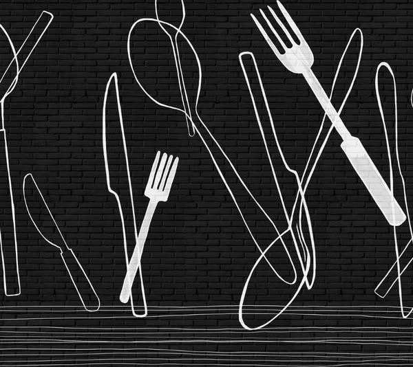 Siyah tuğla desenli duvar üzerinde beyaz çizgisel çatal kaşık bıçak illüstrasyonlu modern duvar kağıdı.