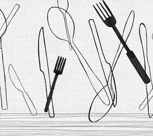 Beyaz tuğla zemin üzerinde siyah ince çizgili çatal, bıçak ve kaşık illüstrasyonlu duvar kağıdı.