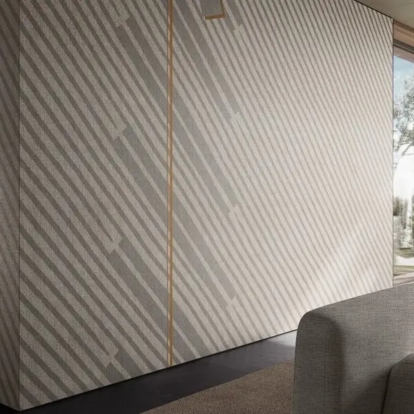 Bir Tarafı Antrasit Beton Diğer Tarafı Bej Keten Dokulu Üzerinde Soyut Dal ve Işık Noktası Detayları Olan Modern Duvar Kağıdı