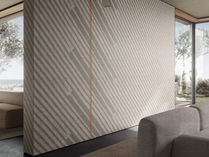 Bir Tarafı Antrasit Beton Diğer Tarafı Bej Keten Dokulu Üzerinde Soyut Dal ve Işık Noktası Detayları Olan Modern Duvar Kağıdı