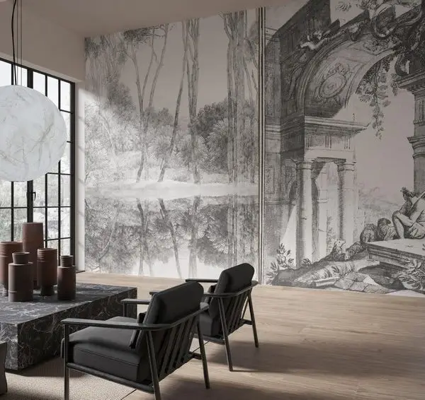 Trendyol ve Hepsiburada'da aranan gravür desenli duvar kağıdı modelleri, klasik salon dekorasyonu için Edofleks ve Dekoros stili monokrom dijital baskı poster.