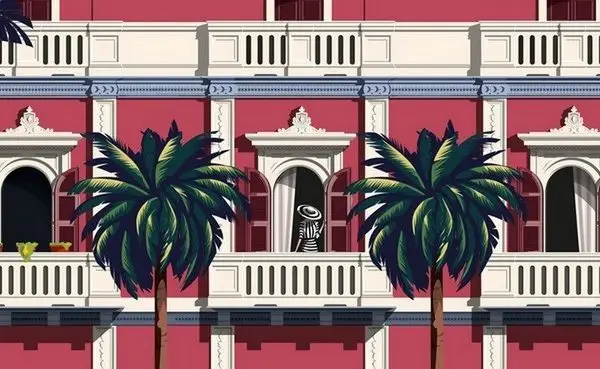 tropikal pembe bina ve palmiyeler sanatsal 3d duvar kagidi