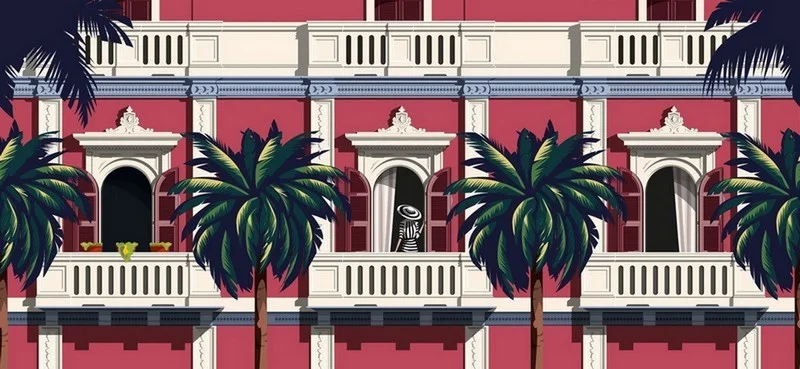 tropikal pembe bina ve palmiyeler sanatsal 3d duvar kagidi