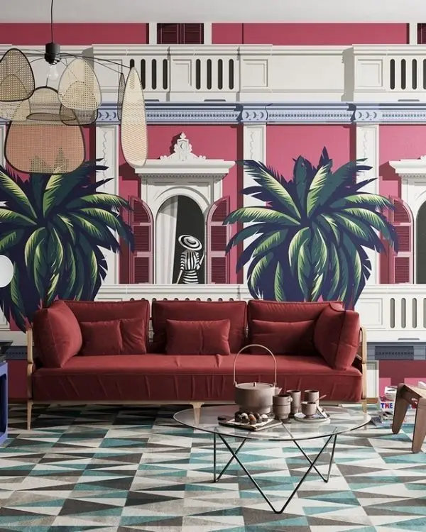 tropikal pembe bina ve palmiyeler sanatsal 3d duvar kagidi