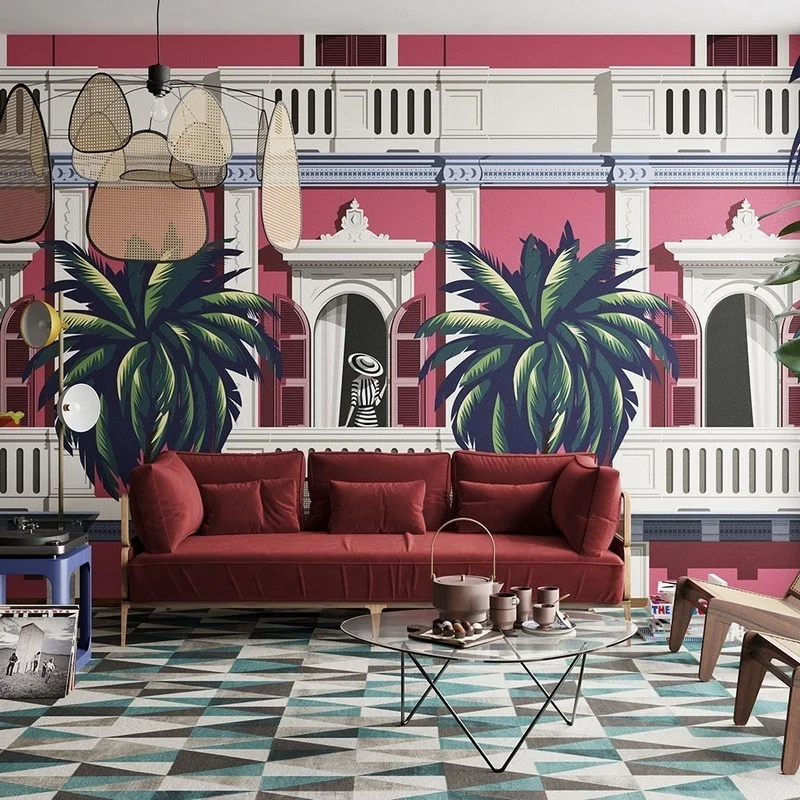 tropikal pembe bina ve palmiyeler sanatsal 3d duvar kagidi