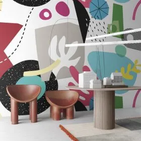 Beyaz zemin üzerinde turkuaz pembe ve siyah renkli soyut geometrik formlar ile organik şekiller içeren modern sanat tasarımı duvar kağıdı