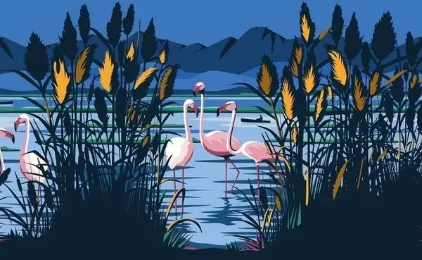 Derin mavi dağ ve sakin göl manzarası önünde yürüyen pembe flamingo figürlerini içeren sanatsal tasarımlı duvar kağıdı.