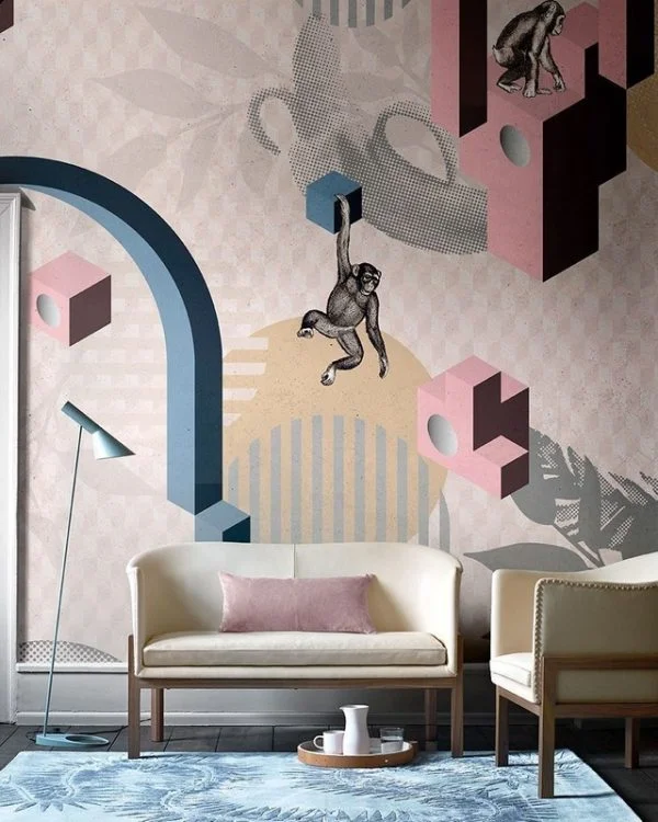 Trendyol pembe küp ve maymun desenli duvar posteri bursa ve Hepsiburada modern lacivert kemerli maymunlu duvar kağıdı modelleri bursa