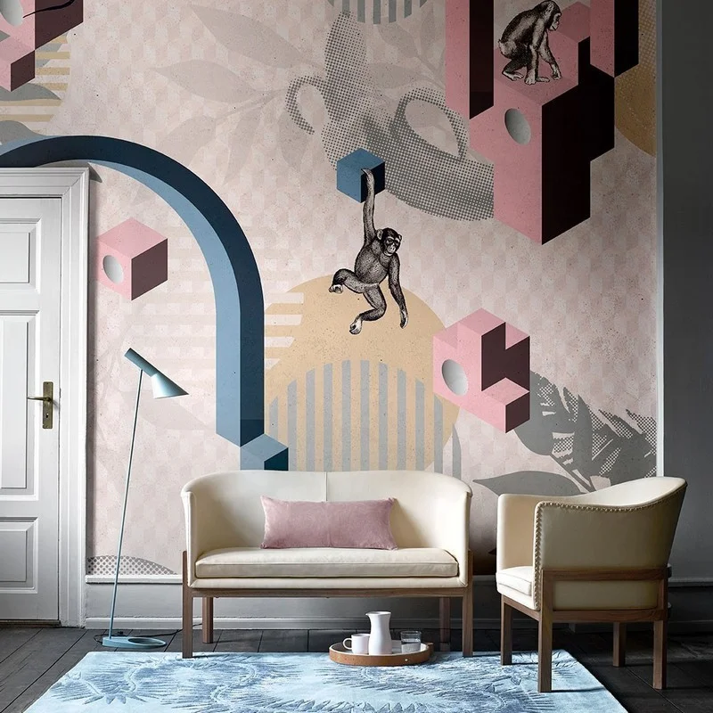 Trendyol pembe küp ve maymun desenli duvar posteri bursa ve Hepsiburada modern lacivert kemerli maymunlu duvar kağıdı modelleri bursa