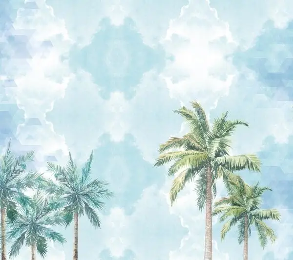 Geometrik desenli turkuaz gökyüzü zemininde yükselen yeşil palmiye ağaçları figürlü 3D dijital baskı gerçek duvar kağıdı.