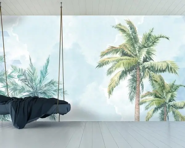 Geometrik desenli turkuaz gökyüzü zemininde yükselen yeşil palmiye ağaçları figürlü 3D dijital baskı gerçek duvar kağıdı.