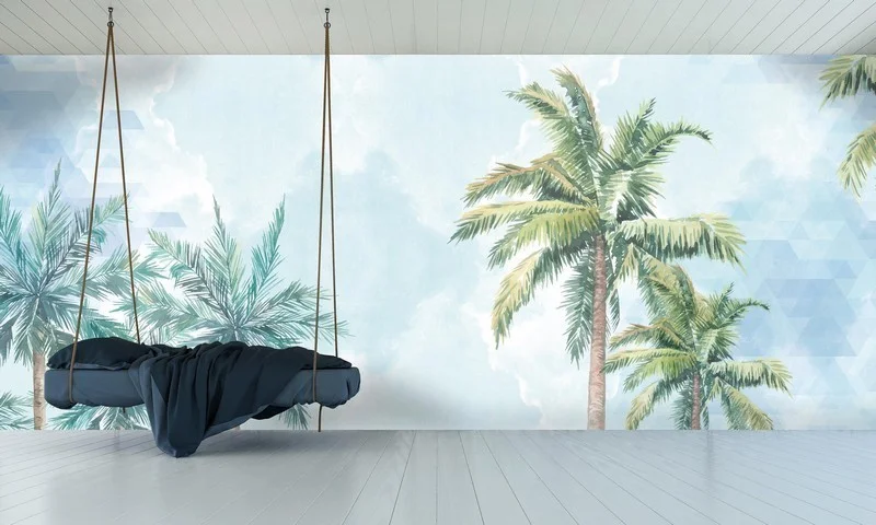 Geometrik desenli turkuaz gökyüzü zemininde yükselen yeşil palmiye ağaçları figürlü 3D dijital baskı gerçek duvar kağıdı.
