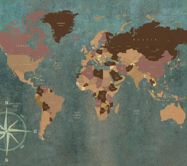 antik oksit atlasi eskitme turkuaz zeminli ve toprak tonlu 3d dunya haritasi duvar kagidi