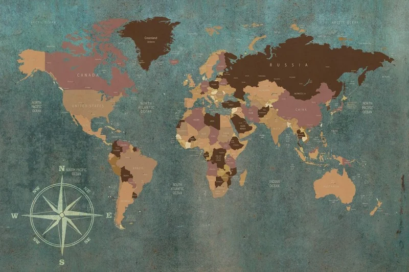 antik oksit atlasi eskitme turkuaz zeminli ve toprak tonlu 3d dunya haritasi duvar kagidi