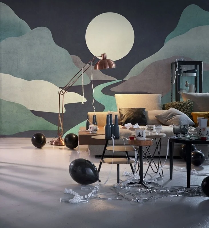 Dolunay altında modern dağlar ve nehir figürlü minimalist çocuk odası duvar kağıdı