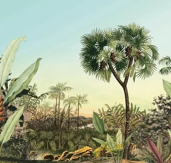 Sepya ve haki tonlarında yoğun tropikal bitki ve ağaç figürlü derinlik etkili 3D dijital baskı orman duvar kağıdı