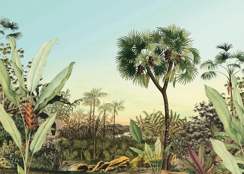 Sepya ve haki tonlarında yoğun tropikal bitki ve ağaç figürlü derinlik etkili 3D dijital baskı orman duvar kağıdı