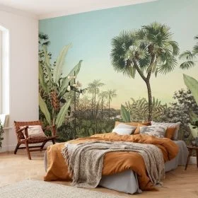 Sepya ve haki tonlarında yoğun tropikal bitki ve ağaç figürlü derinlik etkili 3D dijital baskı orman duvar kağıdı