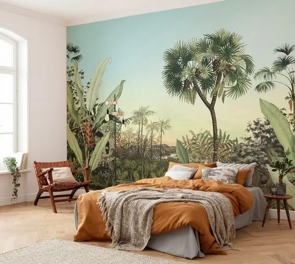 Sepya ve haki tonlarında yoğun tropikal bitki ve ağaç figürlü derinlik etkili 3D dijital baskı orman duvar kağıdı