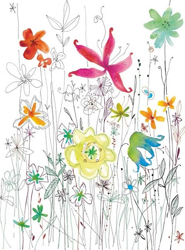 Beyaz zemin üzerinde suluboya tekniğiyle yapılmış pembe sarı ve yeşil çiçekler ile siyah çizgi sanatı detayları içeren çocuk odası duvar kağıdı