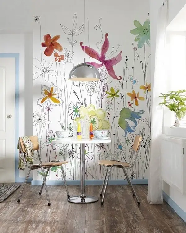 Beyaz zemin üzerinde suluboya tekniğiyle yapılmış pembe sarı ve yeşil çiçekler ile siyah çizgi sanatı detayları içeren çocuk odası duvar kağıdı