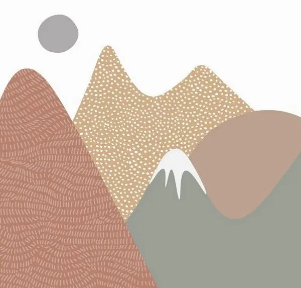 Noktalı ve çizgili desenli toprak tonlarında soyut dağlar karlı zirveler ve gri ay içeren minimalist çocuk odası duvar kağıdı