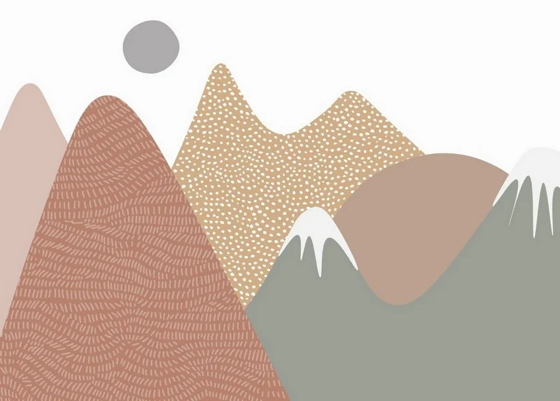 Noktalı ve çizgili desenli toprak tonlarında soyut dağlar karlı zirveler ve gri ay içeren minimalist çocuk odası duvar kağıdı